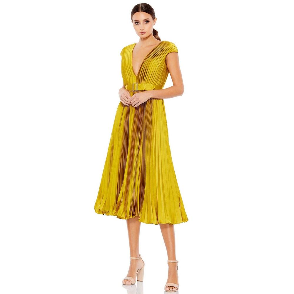 IEENA MAC DUGGAL NWT Pleated Cap Sleeve Chartreuse Dress 26483, Size 10 - Picture 2 of 15